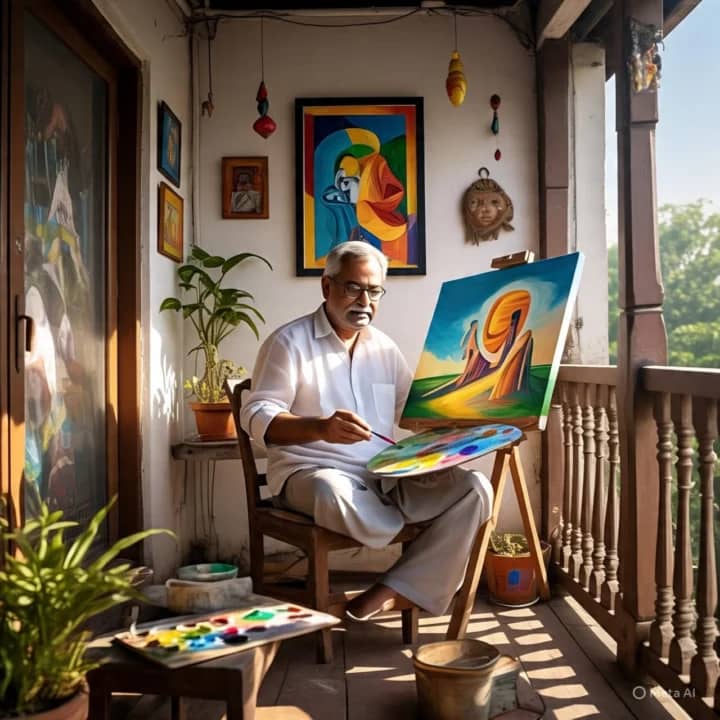 एक वृद्ध कलाकार बालकनी में बैठकर रंगीन पेंटिंग बना रहा है।