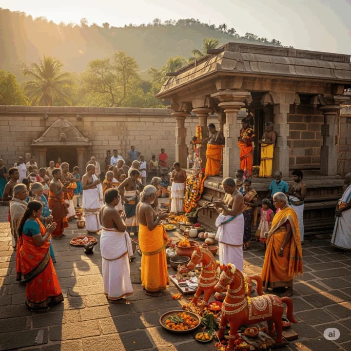 क प्राचीन दक्षिण भारतीय मंदिर परिसर में पारंपरिक वेशभूषा में पुजारी और भक्त एक धार्मिक समारोह में भाग ले रहे हैं, जिसमें धूप, प्रसाद और टेराकोटा घोड़े शामिल हैं, पृष्ठभूमि में पहाड़ियाँ और सुनहरा सूर्य का प्रकाश है।